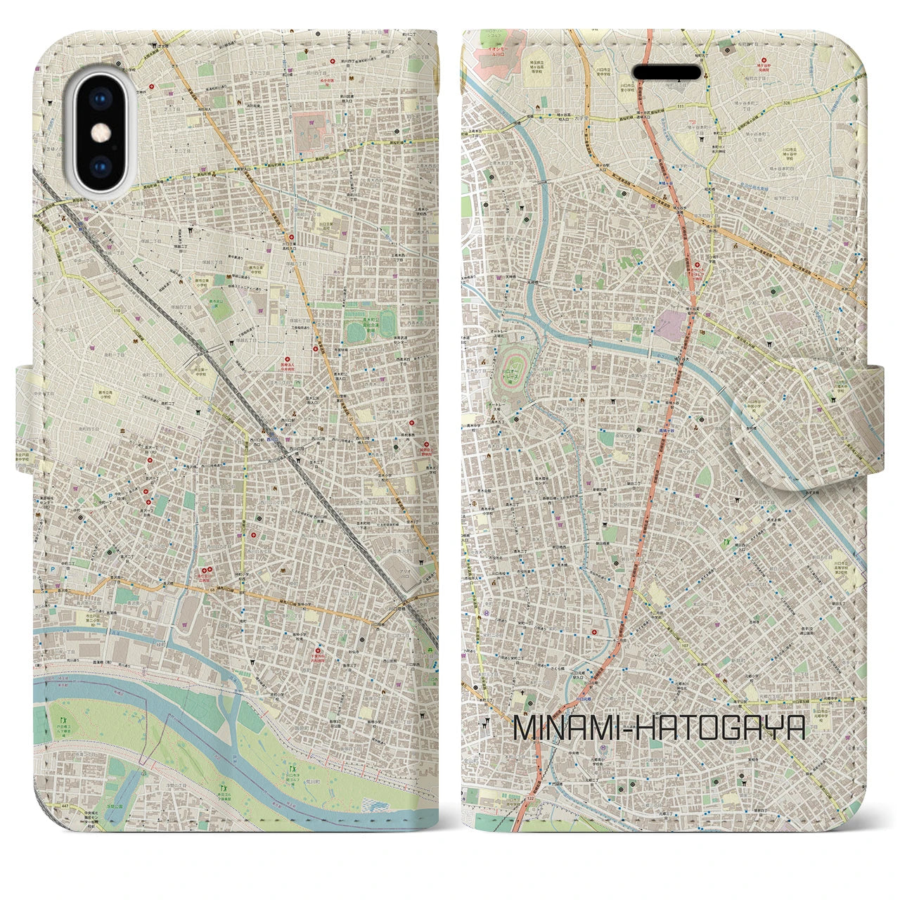 【南鳩ヶ谷(埼玉県)】地図柄iPhoneケース(手帳タイプ)ナチュラル・iPhone XS Max 用