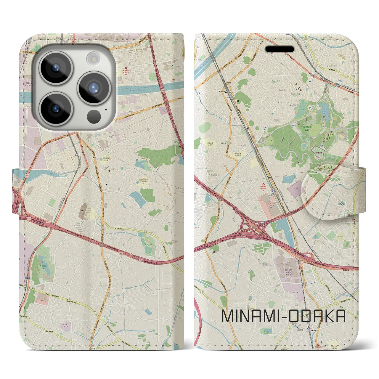 【南大高(愛知県)】地図柄iPhoneケース(手帳タイプ)ナチュラル・iPhone 15 Pro 用