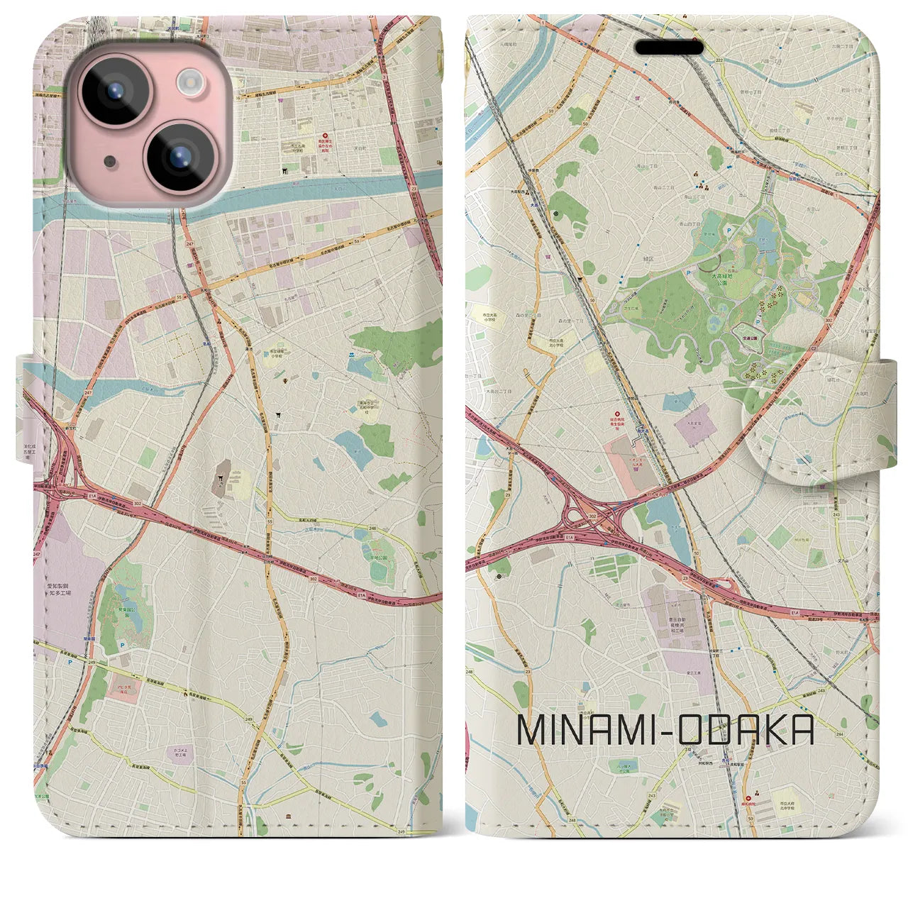 【南大高(愛知県)】地図柄iPhoneケース(手帳タイプ)ナチュラル・iPhone 15 Plus 用