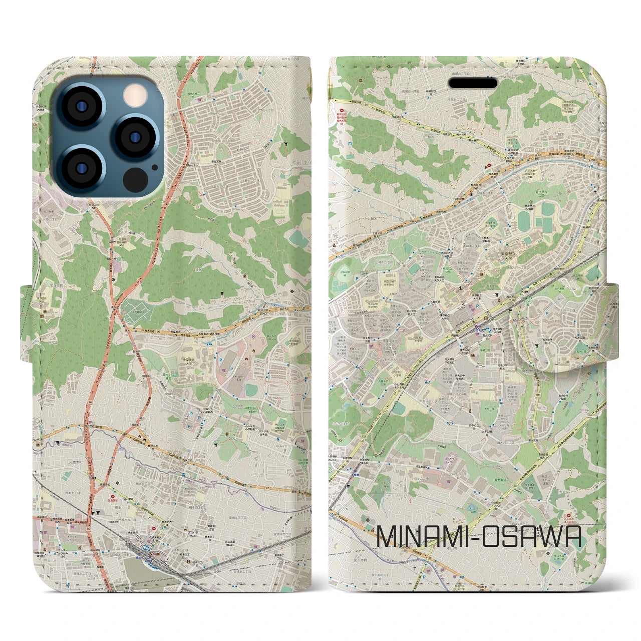 【南大沢(東京都)】地図柄iPhoneケース(手帳タイプ)ナチュラル・iPhone 12 / 12 Pro 用