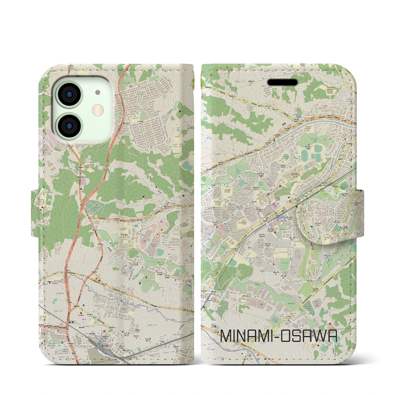 【南大沢(東京都)】地図柄iPhoneケース(手帳タイプ)ナチュラル・iPhone 12 mini 用