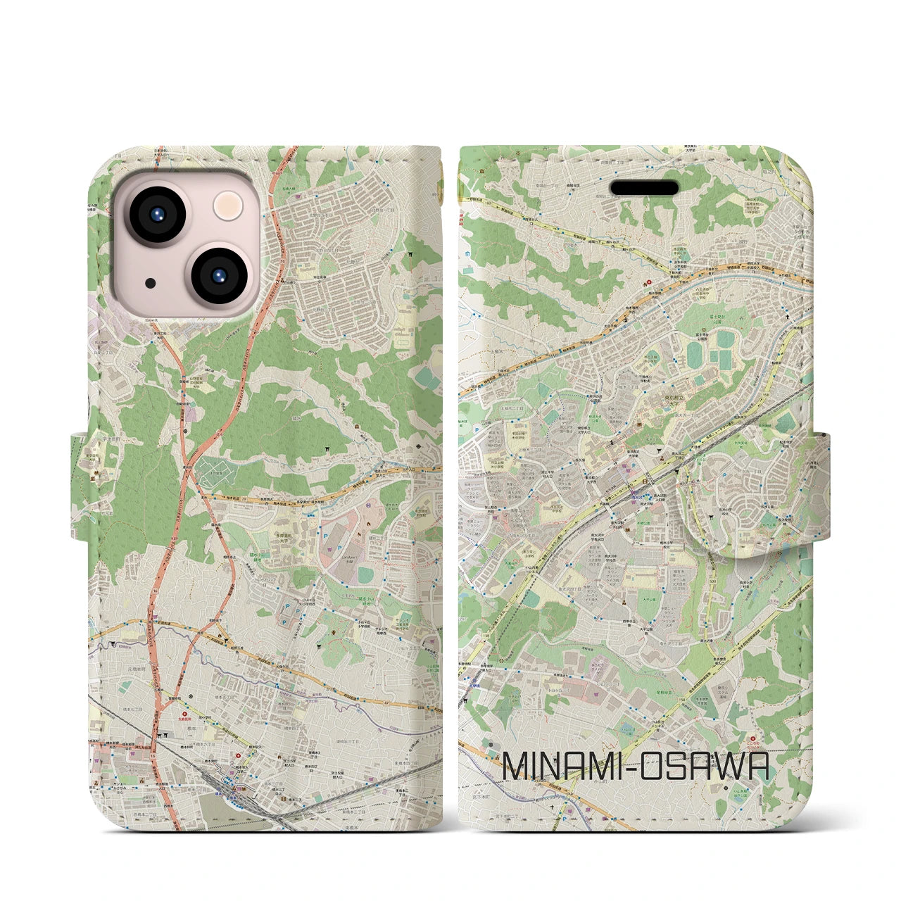 【南大沢(東京都)】地図柄iPhoneケース(手帳タイプ)ナチュラル・iPhone 13 mini 用