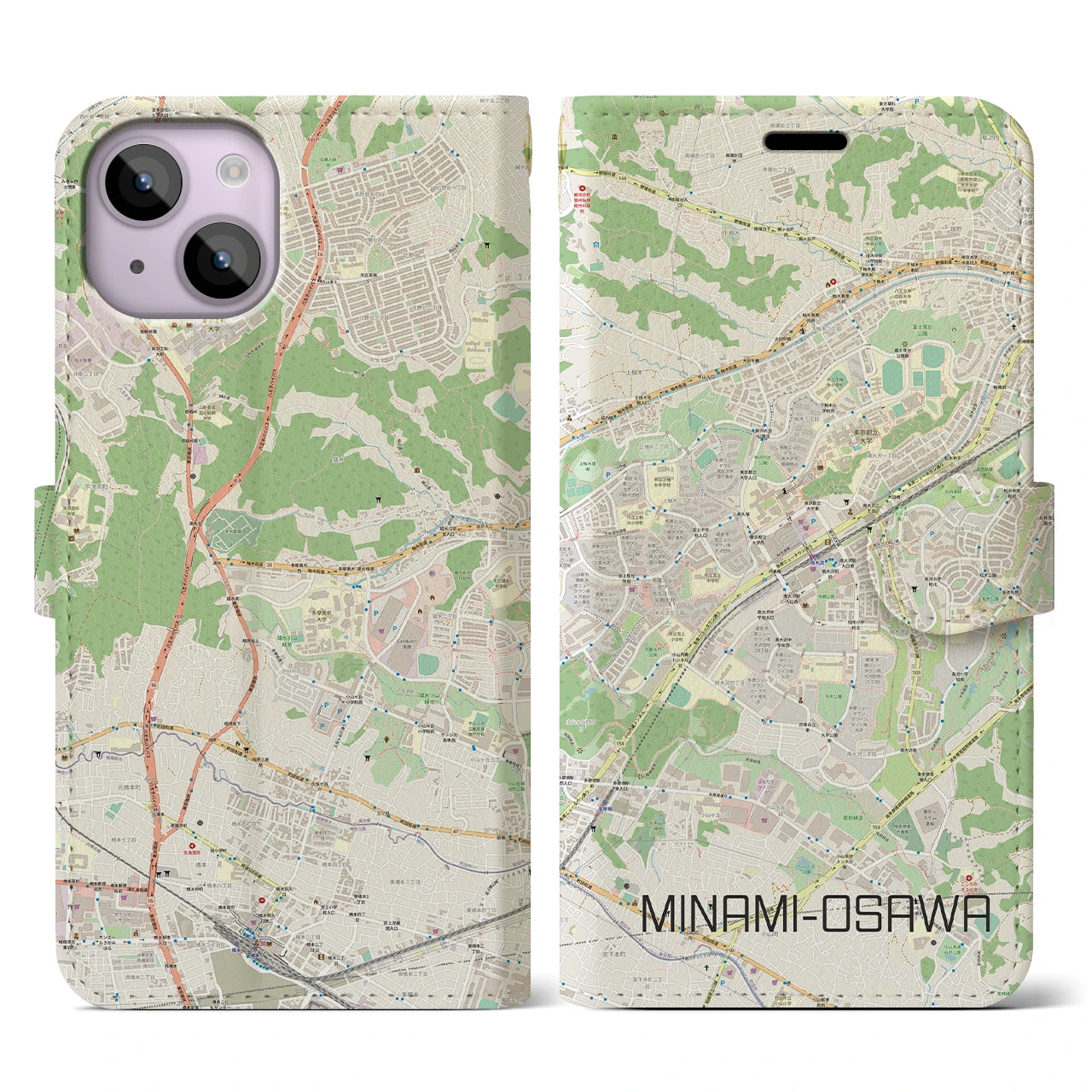 【南大沢(東京都)】地図柄iPhoneケース(手帳タイプ)ナチュラル・iPhone 14 用