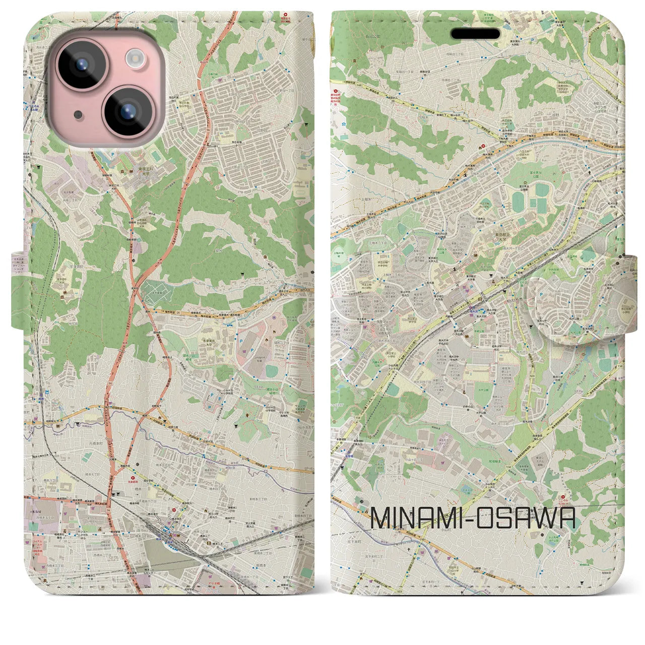 【南大沢(東京都)】地図柄iPhoneケース(手帳タイプ)ナチュラル・iPhone 15 Plus 用