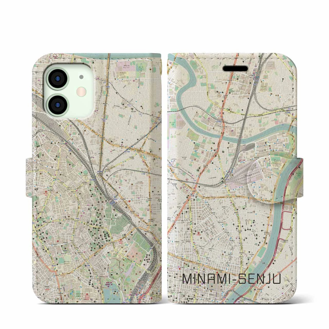【南千住(東京都)】地図柄iPhoneケース(手帳タイプ)ナチュラル・iPhone 12 mini 用