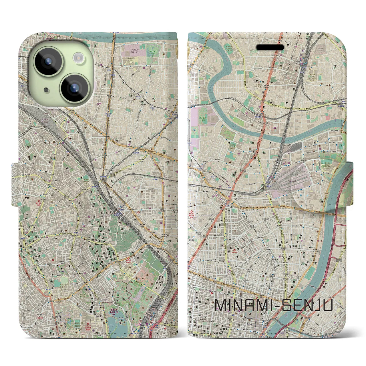 【南千住(東京都)】地図柄iPhoneケース(手帳タイプ)ナチュラル・iPhone 15 用