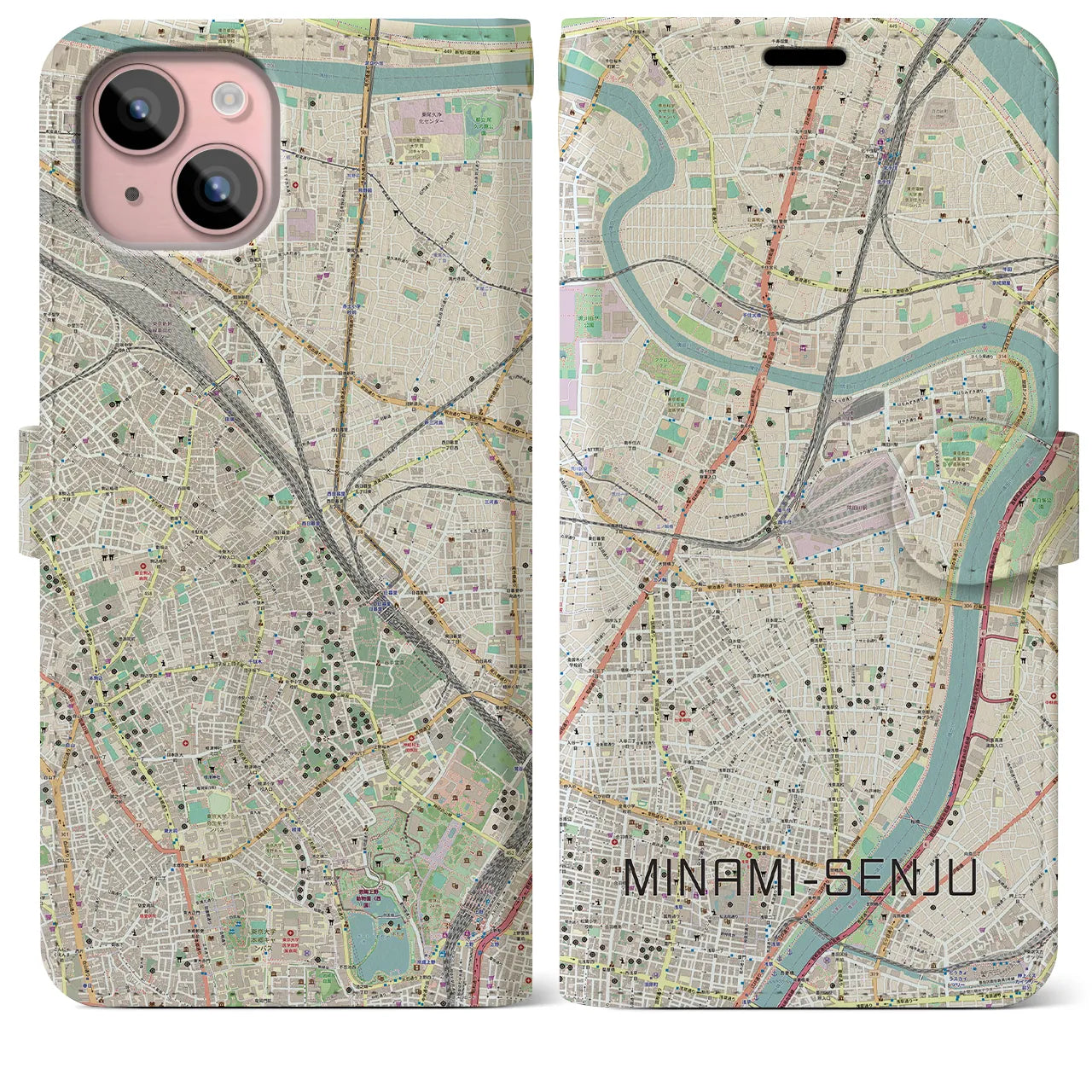 【南千住(東京都)】地図柄iPhoneケース(手帳タイプ)ナチュラル・iPhone 15 Plus 用