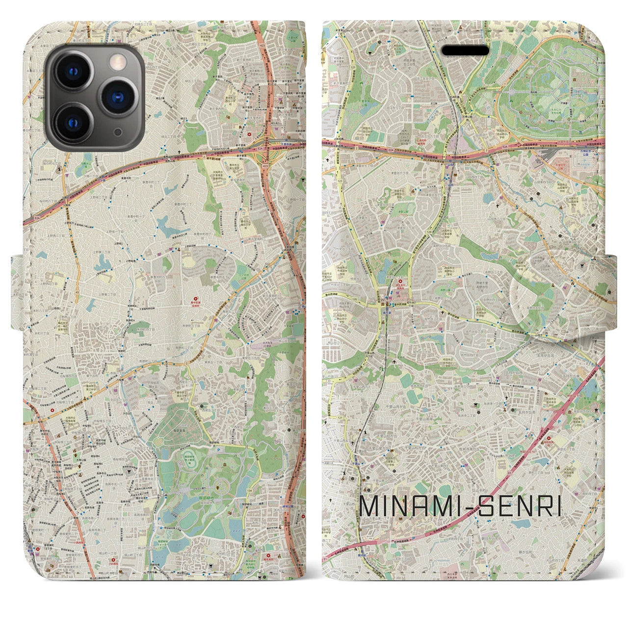 【南千里(大阪府)】地図柄iPhoneケース(手帳タイプ)ナチュラル・iPhone 11 Pro Max 用