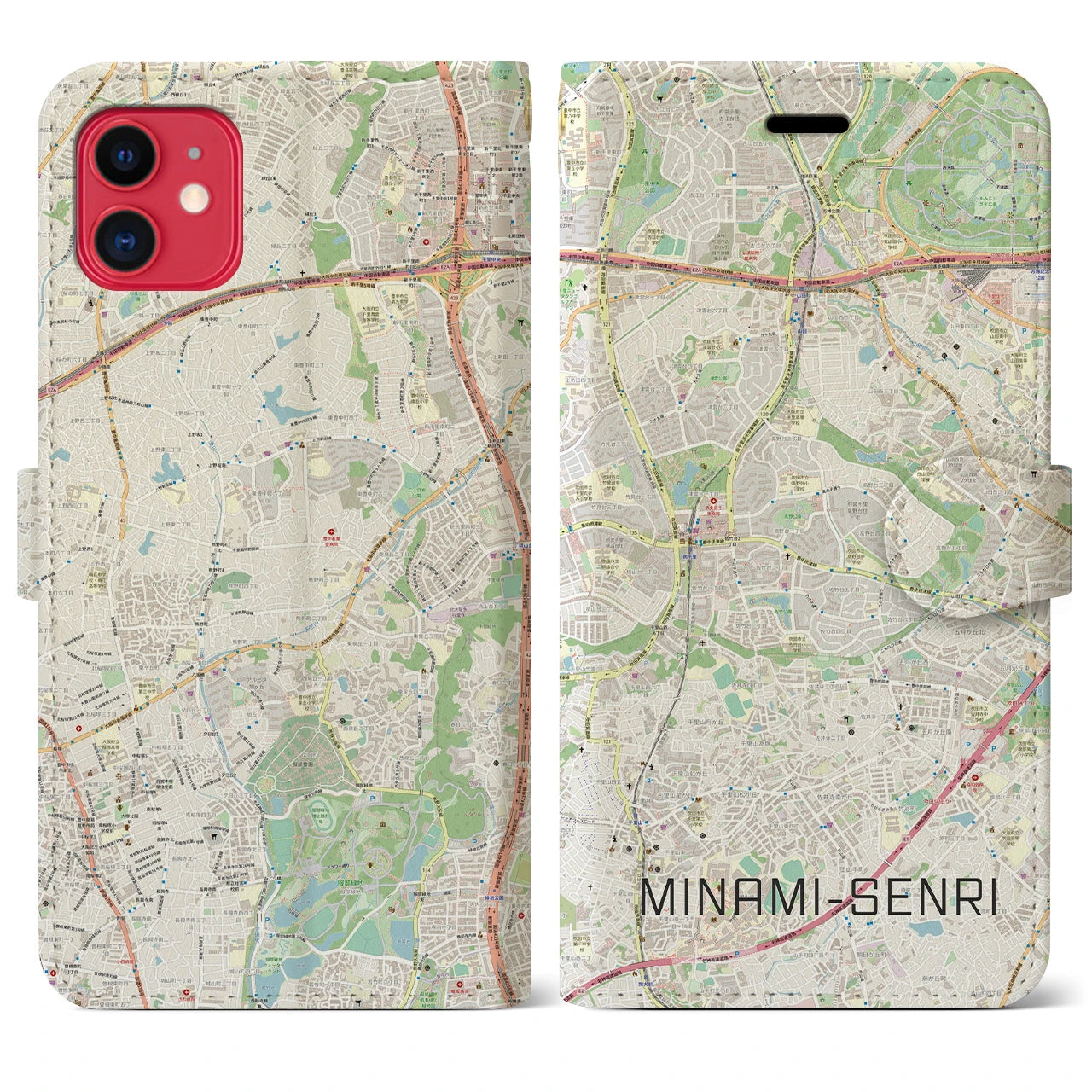 【南千里(大阪府)】地図柄iPhoneケース(手帳タイプ)ナチュラル・iPhone 11 用