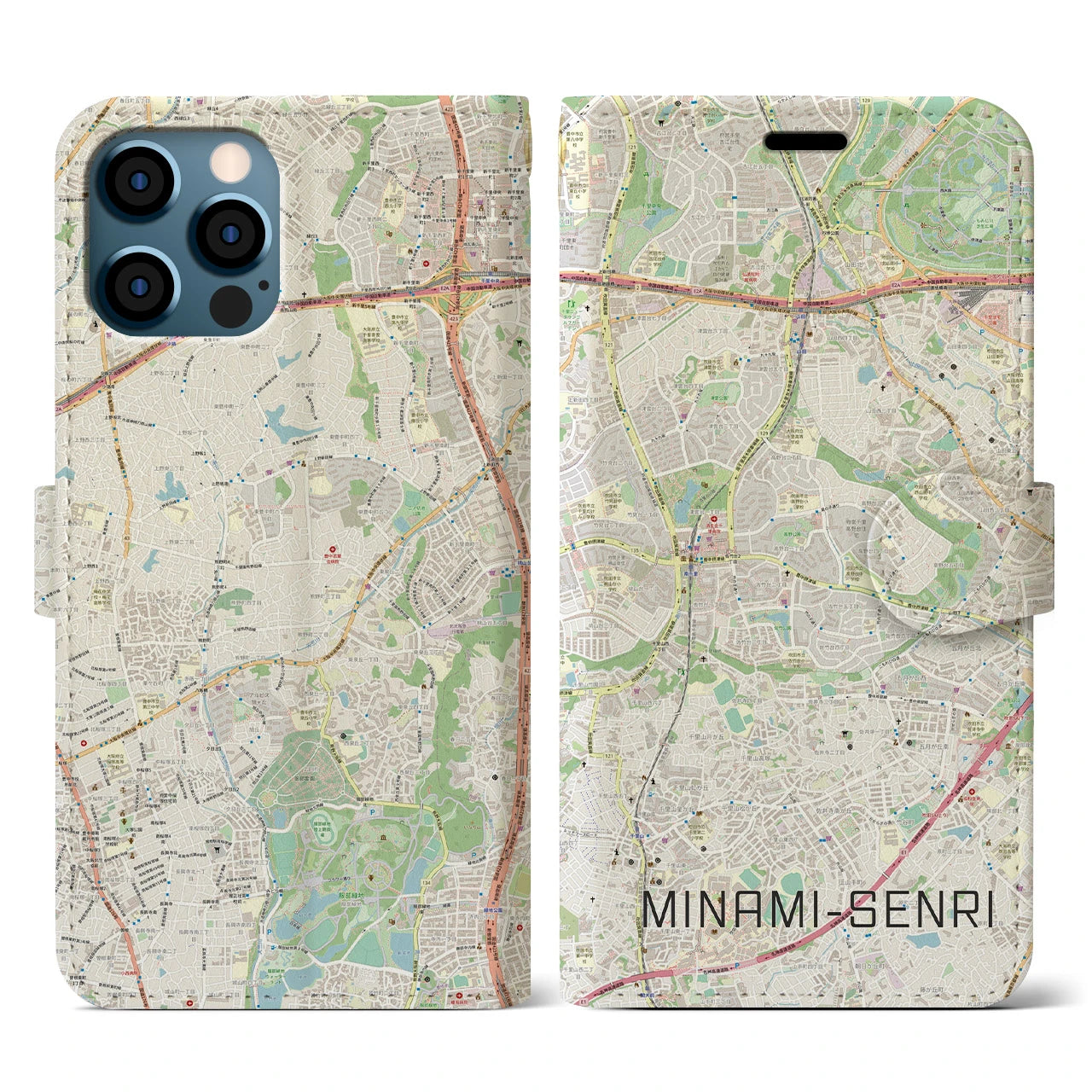 【南千里(大阪府)】地図柄iPhoneケース(手帳タイプ)ナチュラル・iPhone 12 / 12 Pro 用