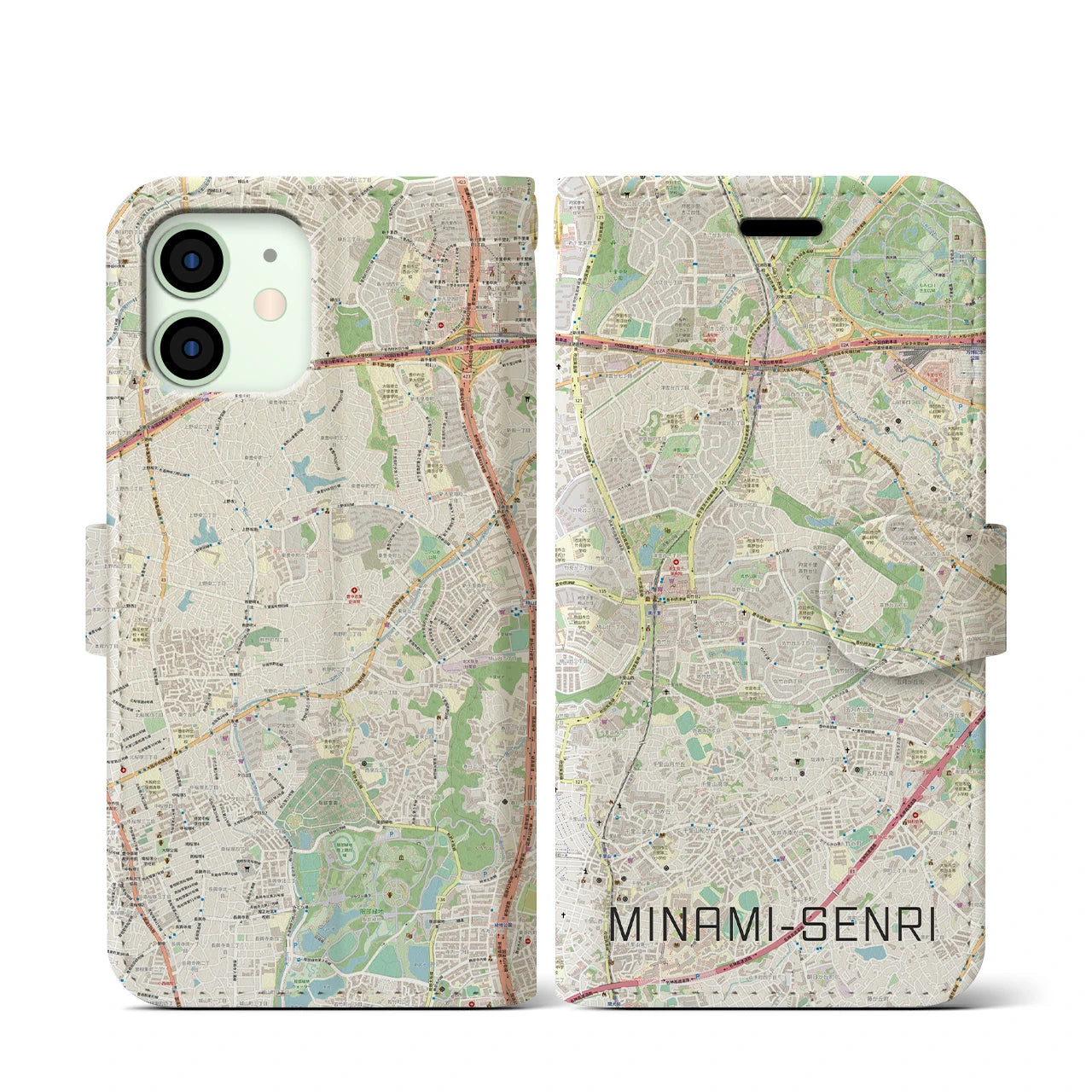 【南千里(大阪府)】地図柄iPhoneケース(手帳タイプ)ナチュラル・iPhone 12 mini 用