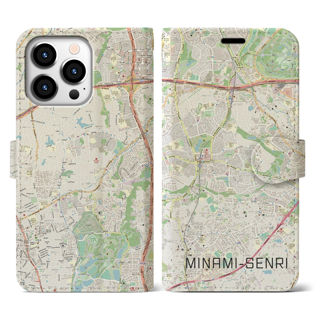 【南千里(大阪府)】地図柄iPhoneケース(手帳タイプ)ナチュラル・iPhone 13 Pro 用