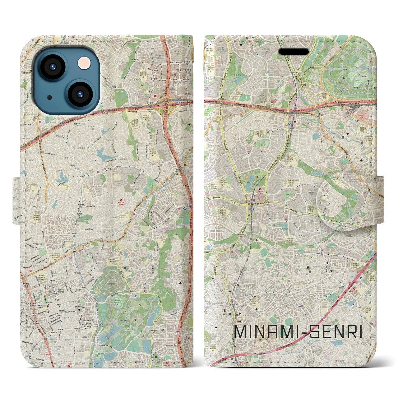 【南千里(大阪府)】地図柄iPhoneケース(手帳タイプ)ナチュラル・iPhone 13 用