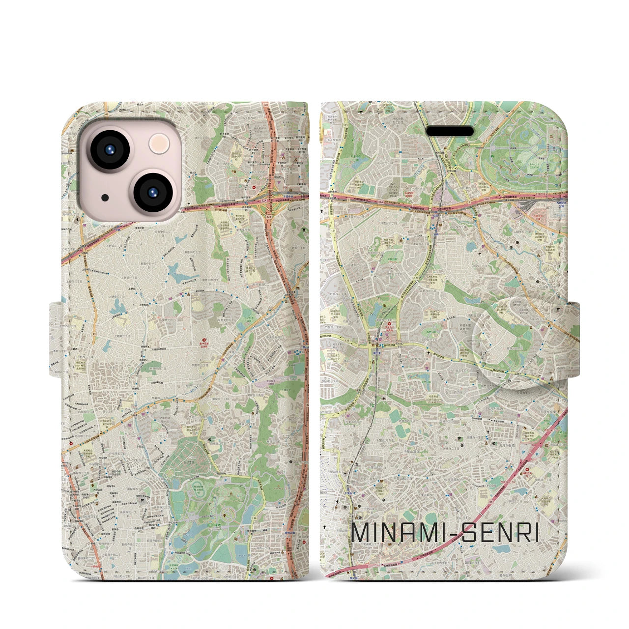 【南千里(大阪府)】地図柄iPhoneケース(手帳タイプ)ナチュラル・iPhone 13 mini 用