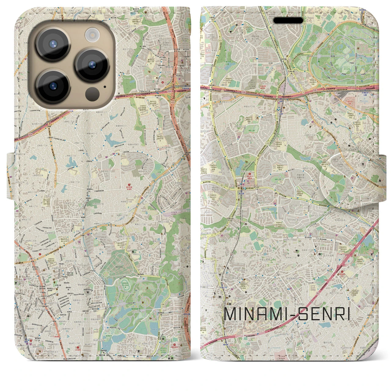 【南千里(大阪府)】地図柄iPhoneケース(手帳タイプ)ナチュラル・iPhone 14 Pro Max 用