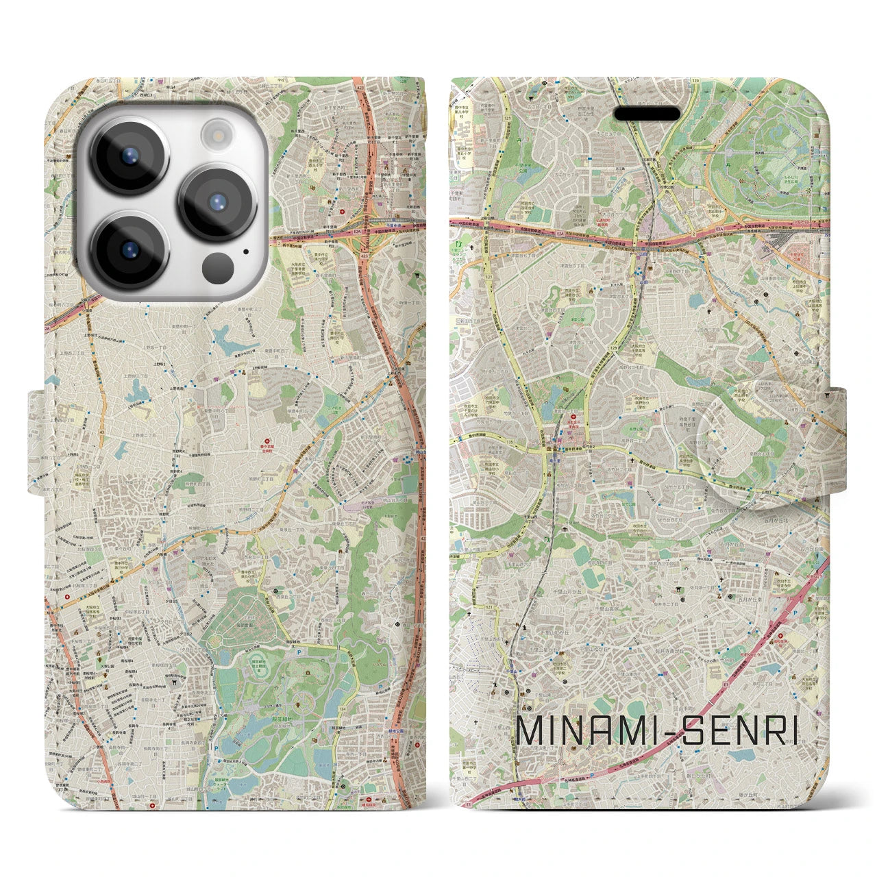 【南千里(大阪府)】地図柄iPhoneケース(手帳タイプ)ナチュラル・iPhone 14 Pro 用