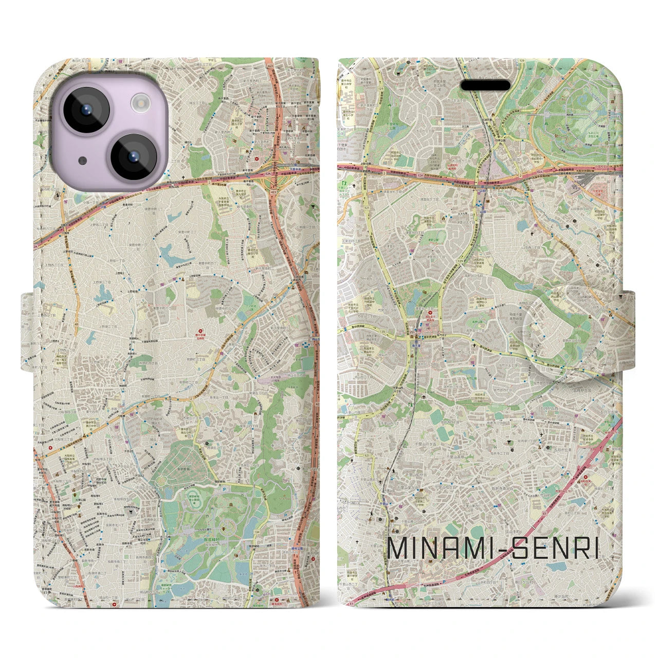 【南千里(大阪府)】地図柄iPhoneケース(手帳タイプ)ナチュラル・iPhone 14 用