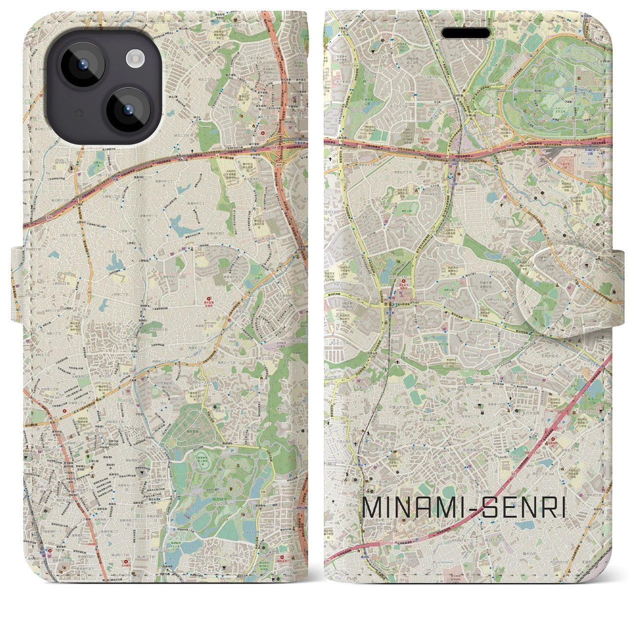 【南千里(大阪府)】地図柄iPhoneケース(手帳タイプ)ナチュラル・iPhone 14 Plus 用