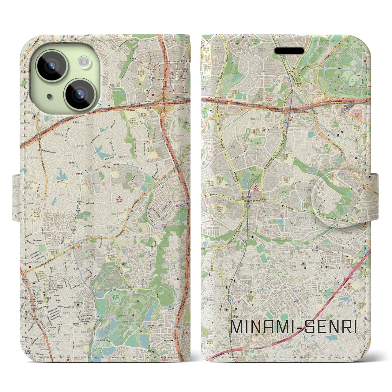 【南千里(大阪府)】地図柄iPhoneケース(手帳タイプ)ナチュラル・iPhone 15 用
