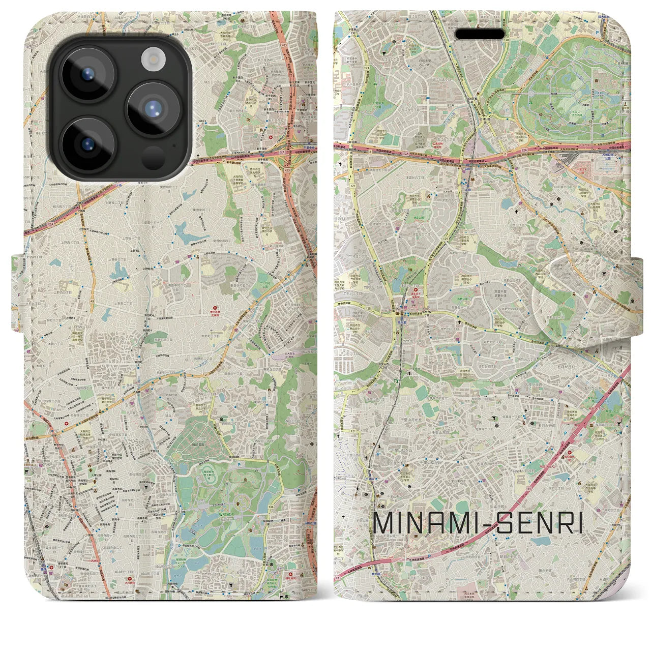 【南千里(大阪府)】地図柄iPhoneケース(手帳タイプ)ナチュラル・iPhone 15 Pro Max 用