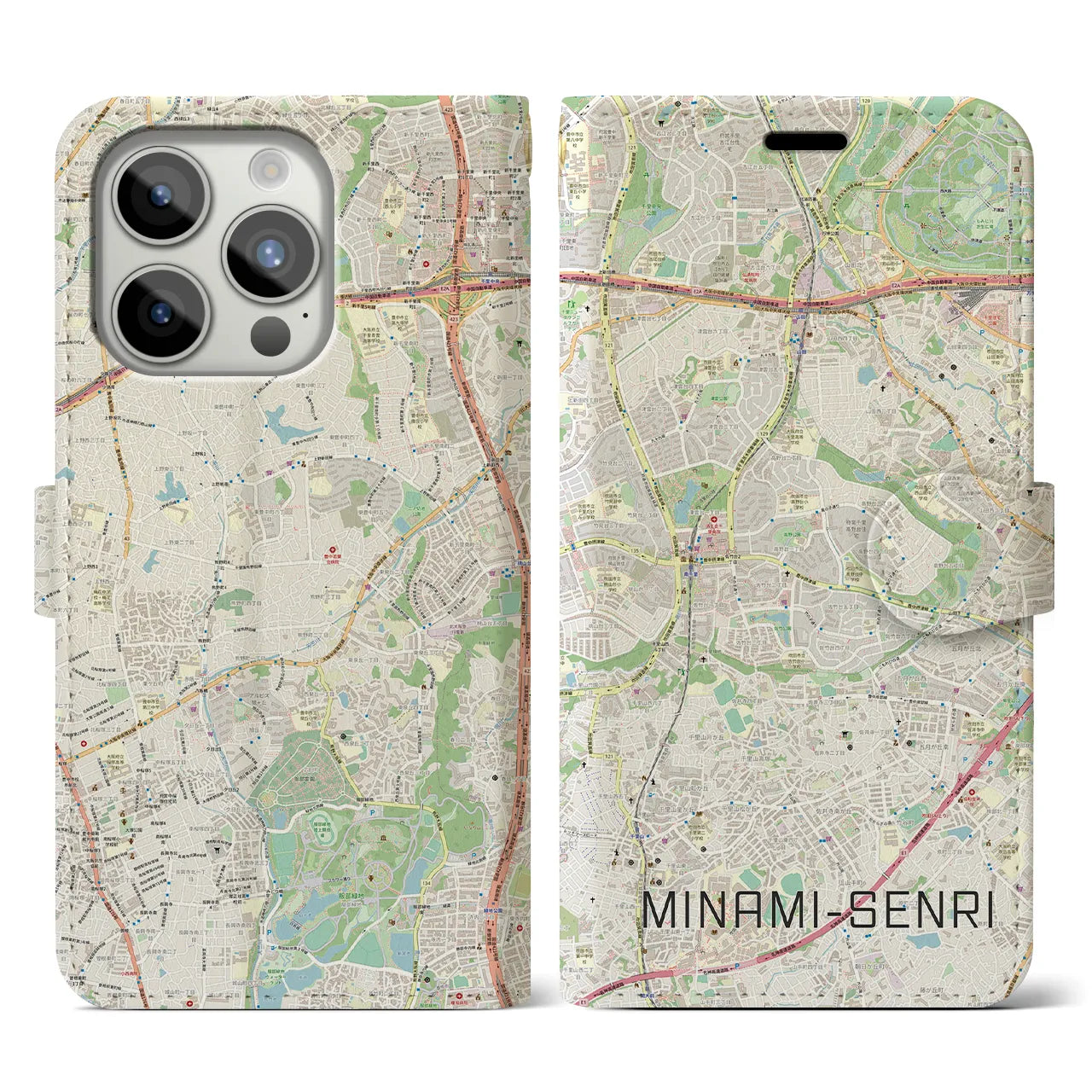 【南千里(大阪府)】地図柄iPhoneケース(手帳タイプ)ナチュラル・iPhone 15 Pro 用