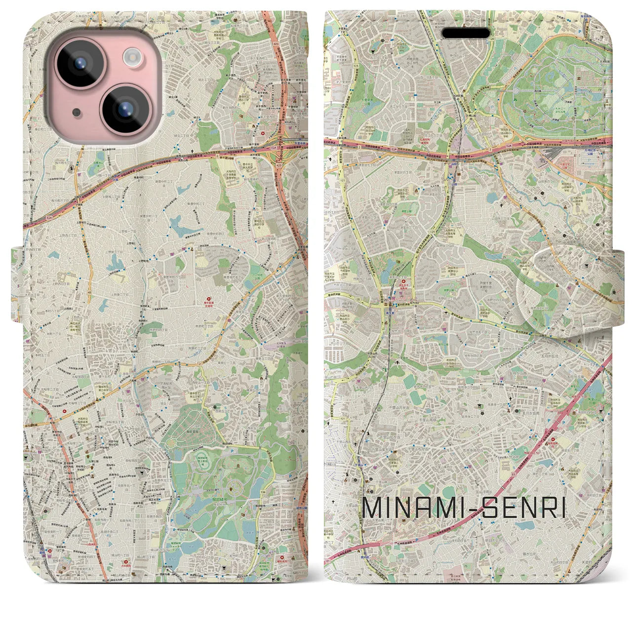【南千里(大阪府)】地図柄iPhoneケース(手帳タイプ)ナチュラル・iPhone 15 Plus 用