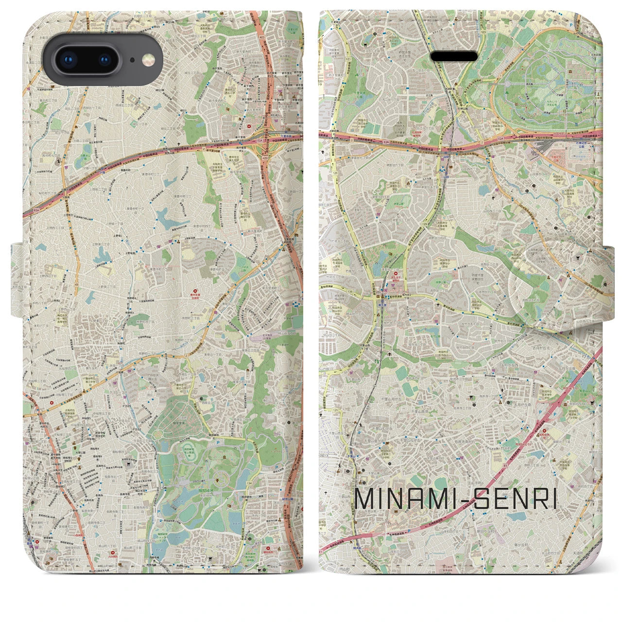 【南千里(大阪府)】地図柄iPhoneケース(手帳タイプ)ナチュラル・iPhone 8Plus /7Plus / 6sPlus / 6Plus 用