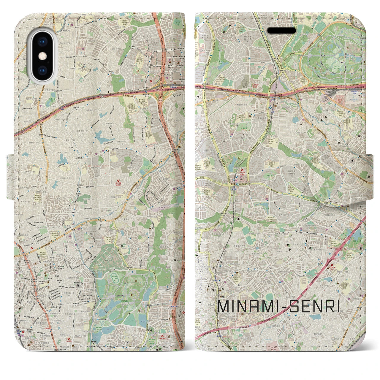 【南千里(大阪府)】地図柄iPhoneケース(手帳タイプ)ナチュラル・iPhone XS Max 用