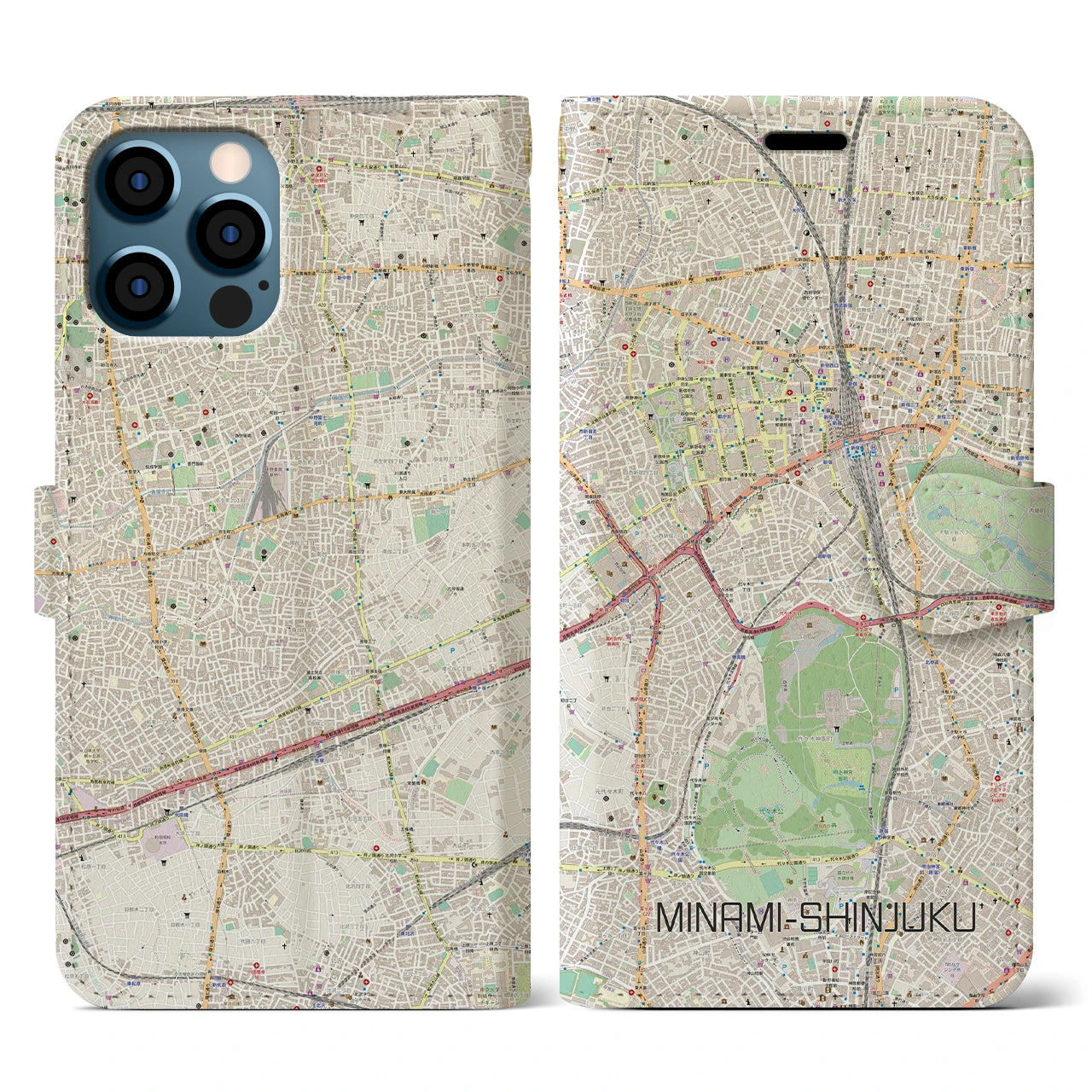 【南新宿(東京都)】地図柄iPhoneケース(手帳タイプ)ナチュラル・iPhone 12 / 12 Pro 用