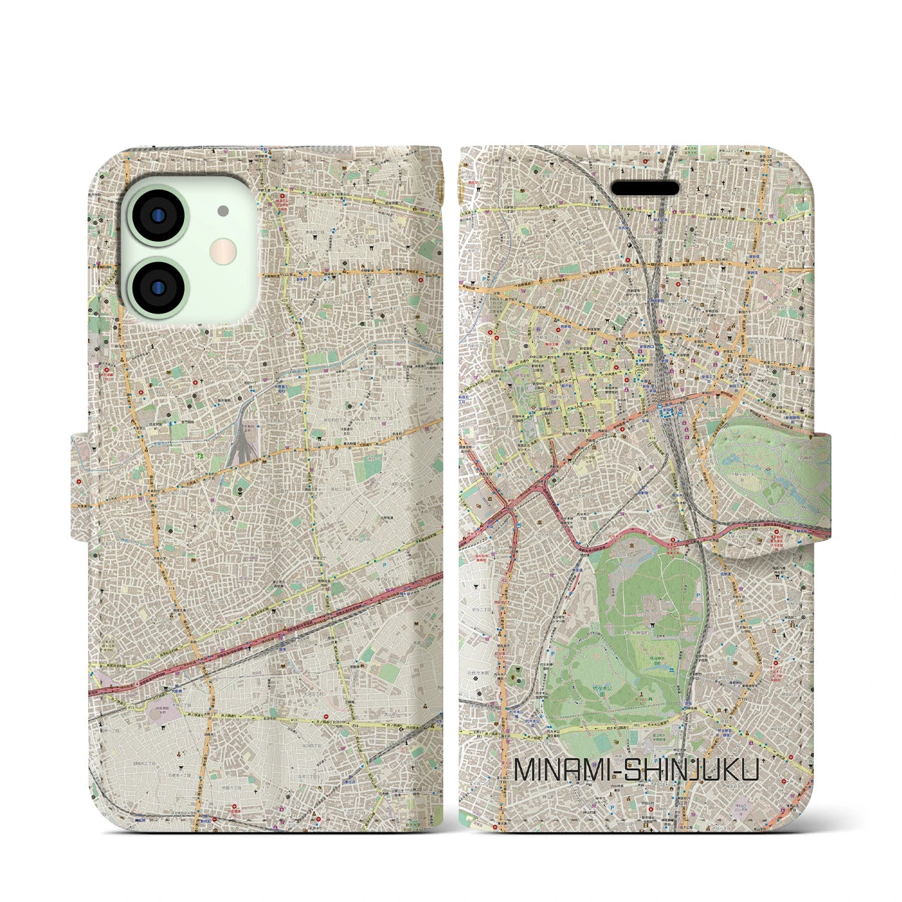 【南新宿(東京都)】地図柄iPhoneケース(手帳タイプ)ナチュラル・iPhone 12 mini 用