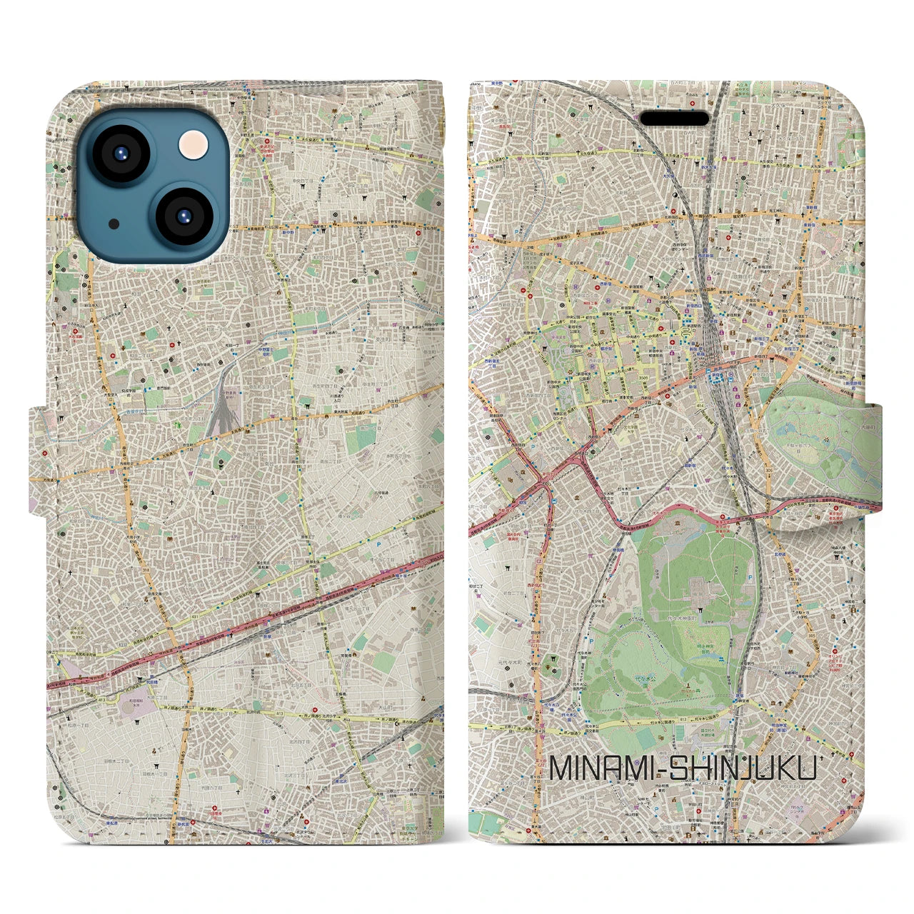 【南新宿(東京都)】地図柄iPhoneケース(手帳タイプ)ナチュラル・iPhone 13 用