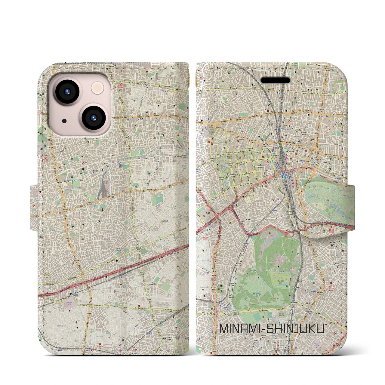 【南新宿(東京都)】地図柄iPhoneケース(手帳タイプ)ナチュラル・iPhone 13 mini 用