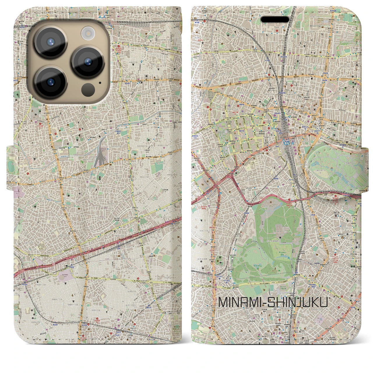 【南新宿(東京都)】地図柄iPhoneケース(手帳タイプ)ナチュラル・iPhone 14 Pro Max 用