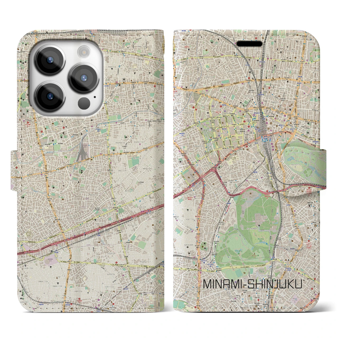 【南新宿(東京都)】地図柄iPhoneケース(手帳タイプ)ナチュラル・iPhone 14 Pro 用