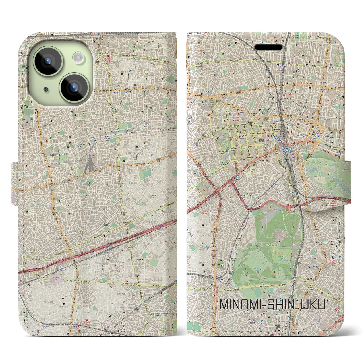 【南新宿(東京都)】地図柄iPhoneケース(手帳タイプ)ナチュラル・iPhone 15 用