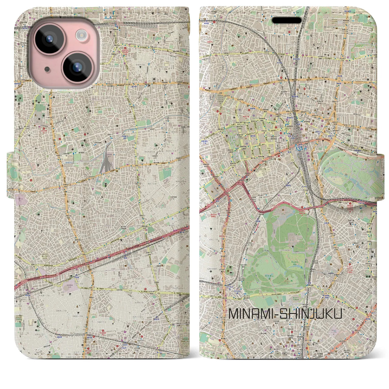 【南新宿(東京都)】地図柄iPhoneケース(手帳タイプ)ナチュラル・iPhone 15 Plus 用