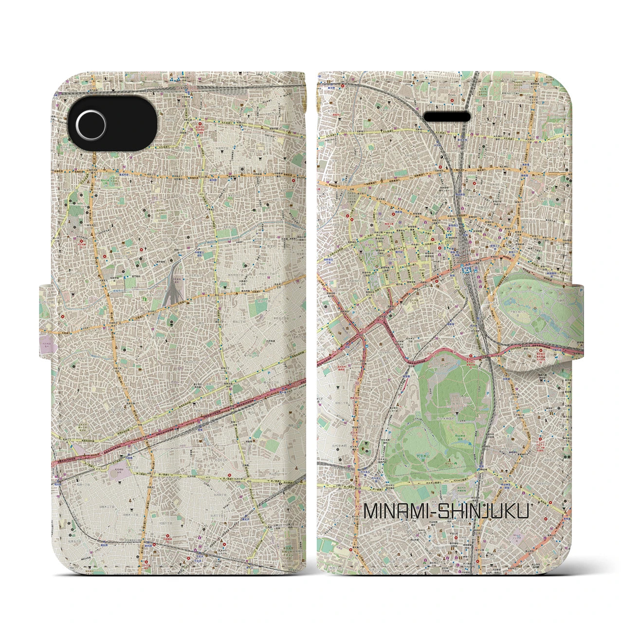 【南新宿(東京都)】地図柄iPhoneケース(手帳タイプ)ナチュラル・iPhone SE(第3 / 第2世代) / 8 / 7 / 6s / 6 用