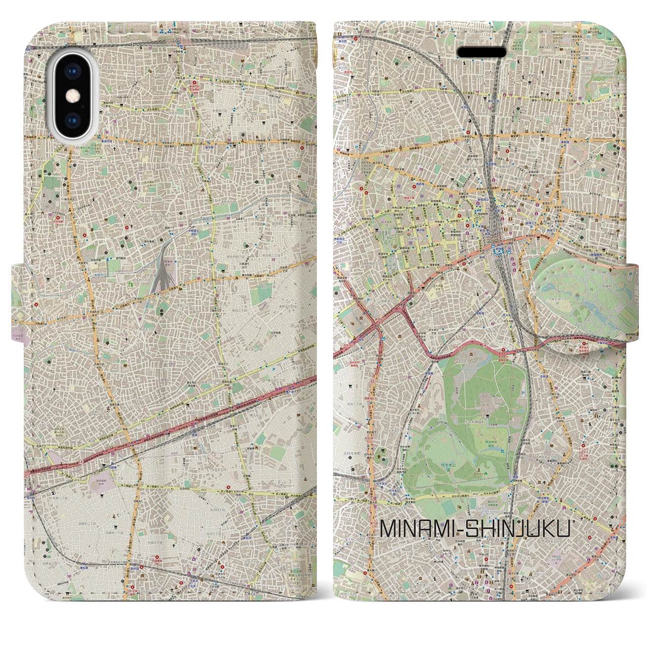 【南新宿(東京都)】地図柄iPhoneケース(手帳タイプ)ナチュラル・iPhone XS Max 用