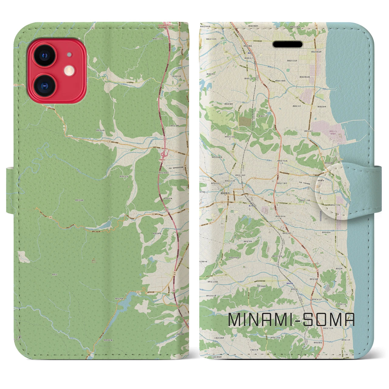 【南相馬(福島県)】地図柄iPhoneケース(手帳タイプ)ナチュラル・iPhone 11 用