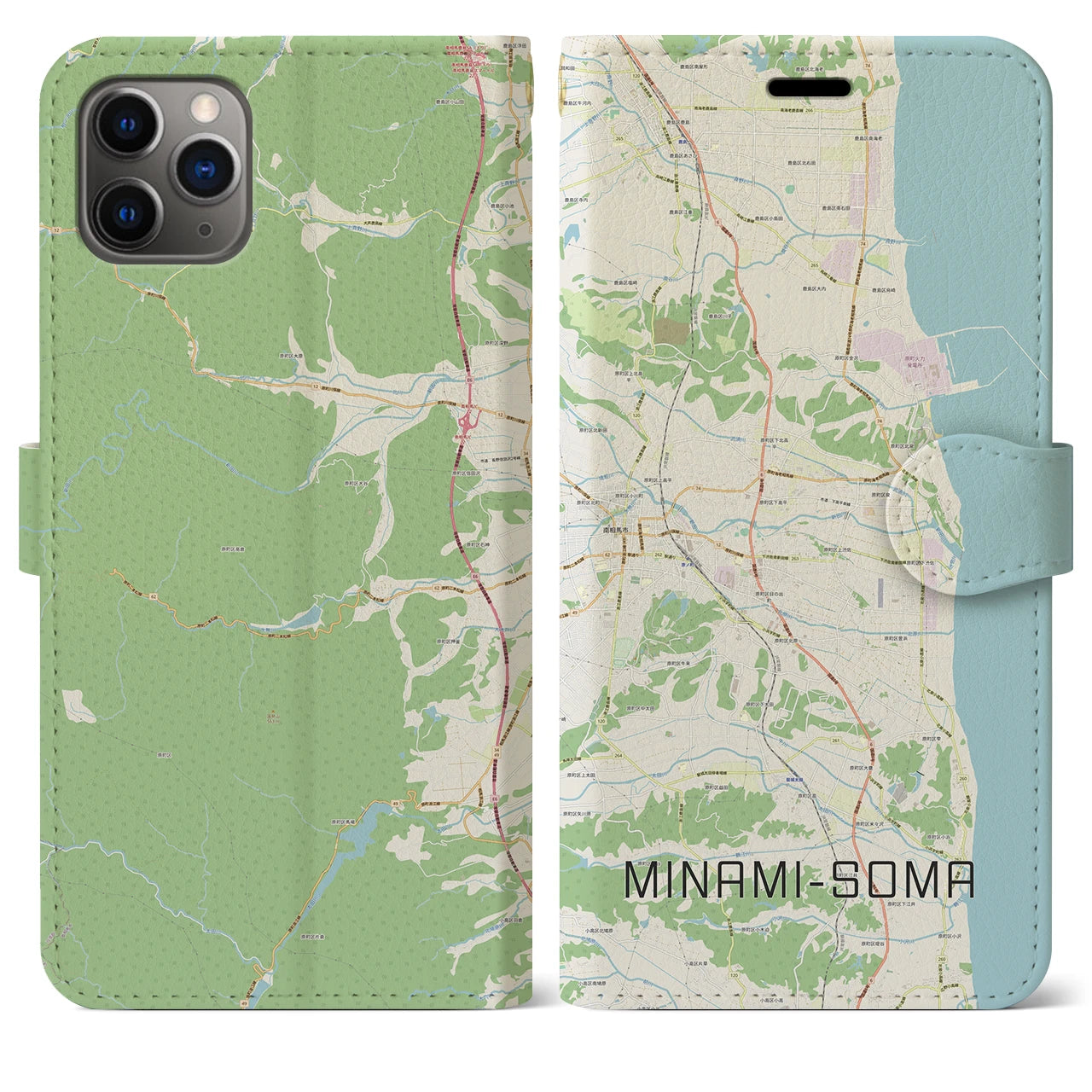 【南相馬(福島県)】地図柄iPhoneケース(手帳タイプ)ナチュラル・iPhone 11 Pro Max 用