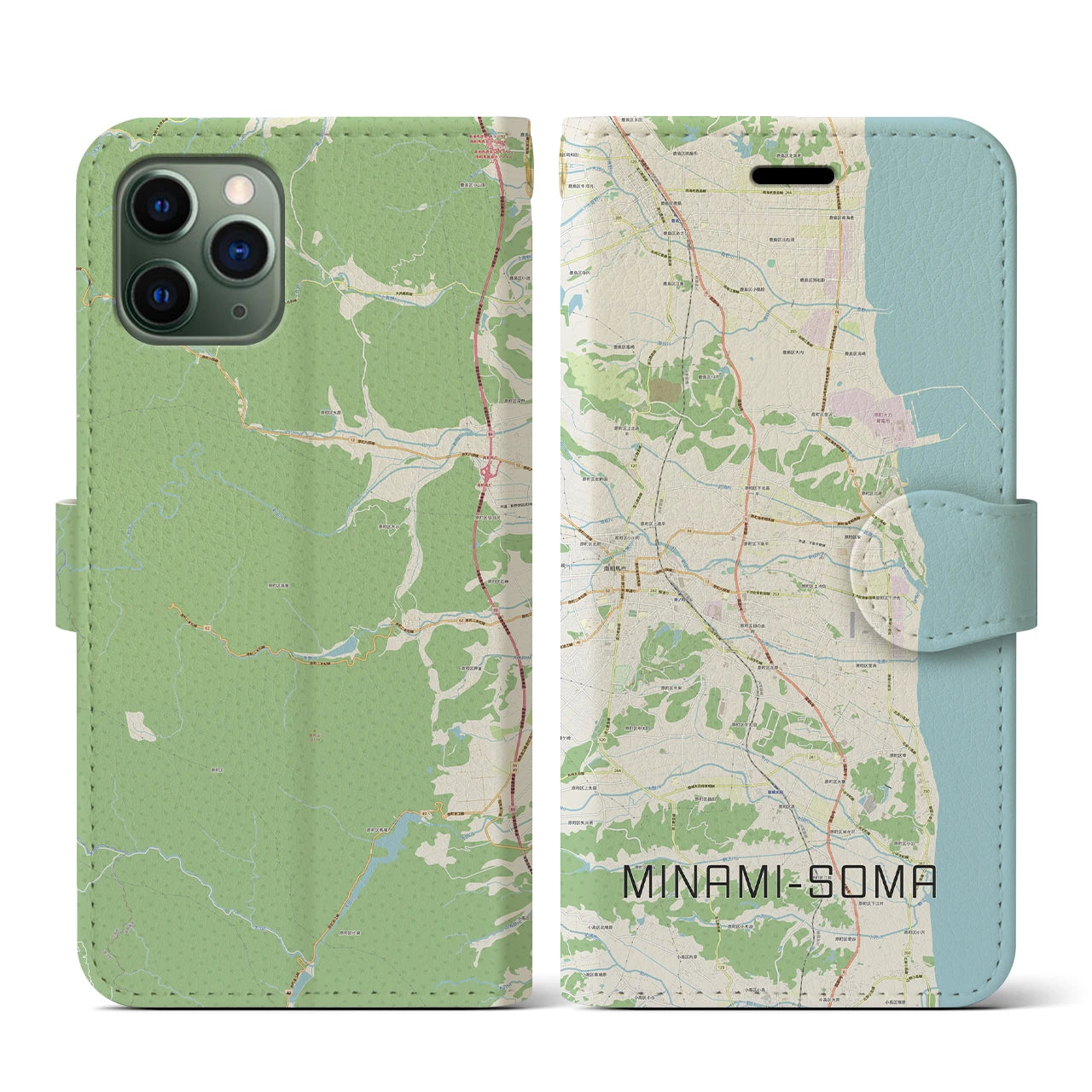 【南相馬(福島県)】地図柄iPhoneケース(手帳タイプ)ナチュラル・iPhone 11 Pro 用