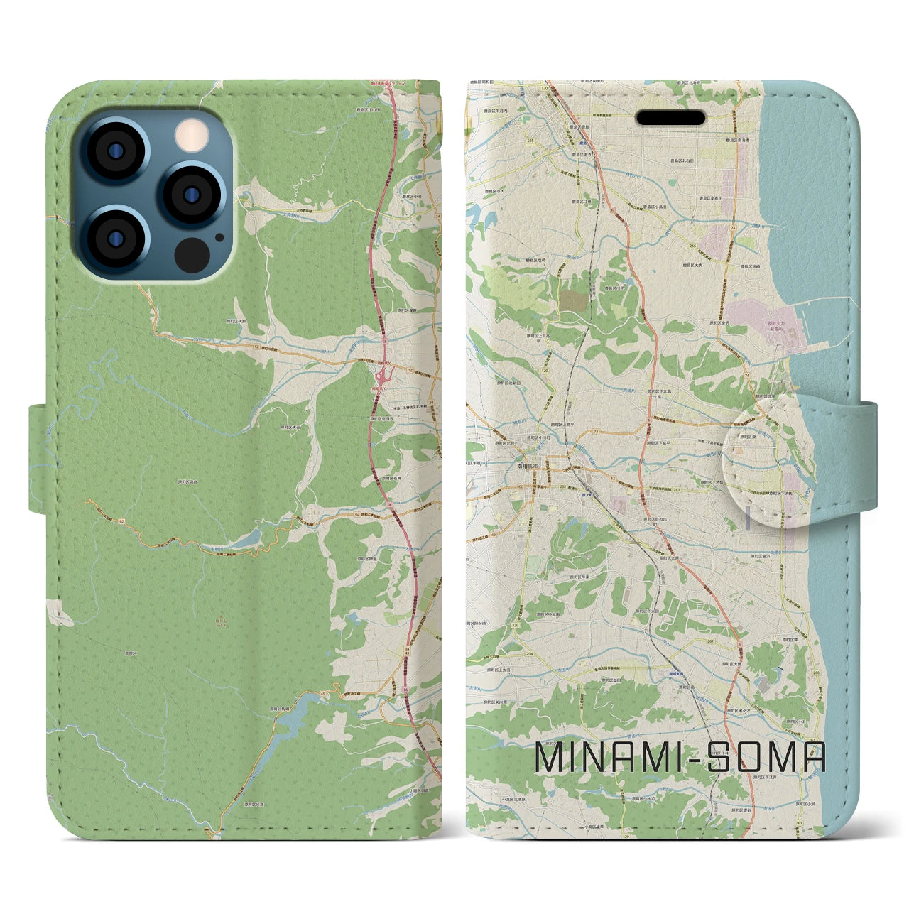 【南相馬(福島県)】地図柄iPhoneケース(手帳タイプ)ナチュラル・iPhone 12 / 12 Pro 用