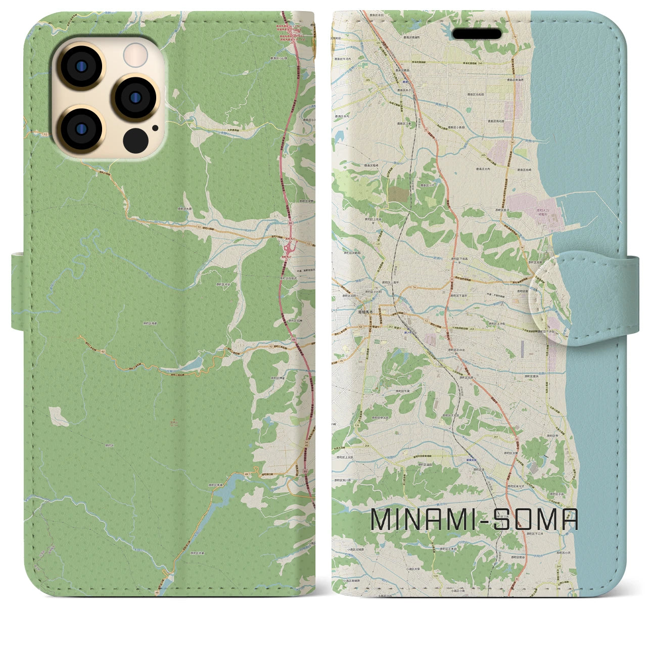 【南相馬(福島県)】地図柄iPhoneケース(手帳タイプ)ナチュラル・iPhone 12 Pro Max 用