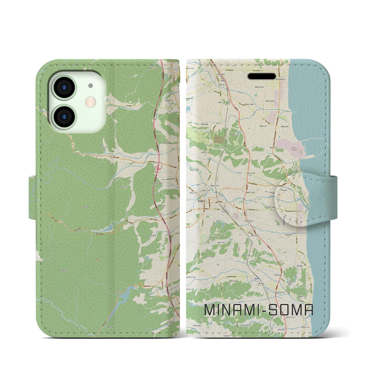 【南相馬(福島県)】地図柄iPhoneケース(手帳タイプ)ナチュラル・iPhone 12 mini 用