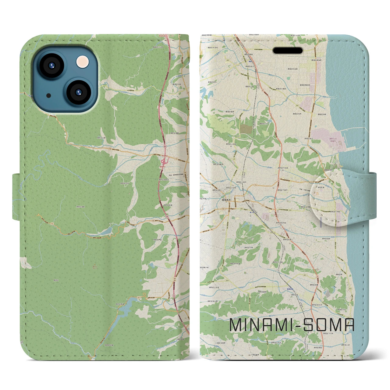 【南相馬(福島県)】地図柄iPhoneケース(手帳タイプ)ナチュラル・iPhone 13 用
