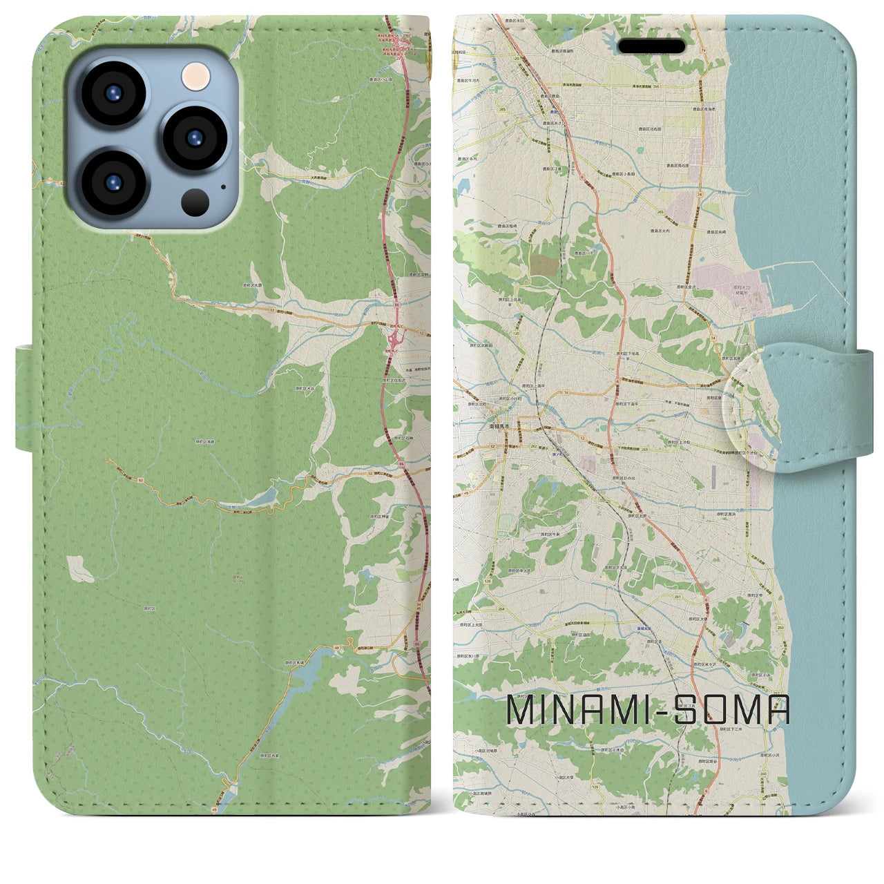 【南相馬(福島県)】地図柄iPhoneケース(手帳タイプ)ナチュラル・iPhone 13 Pro Max 用