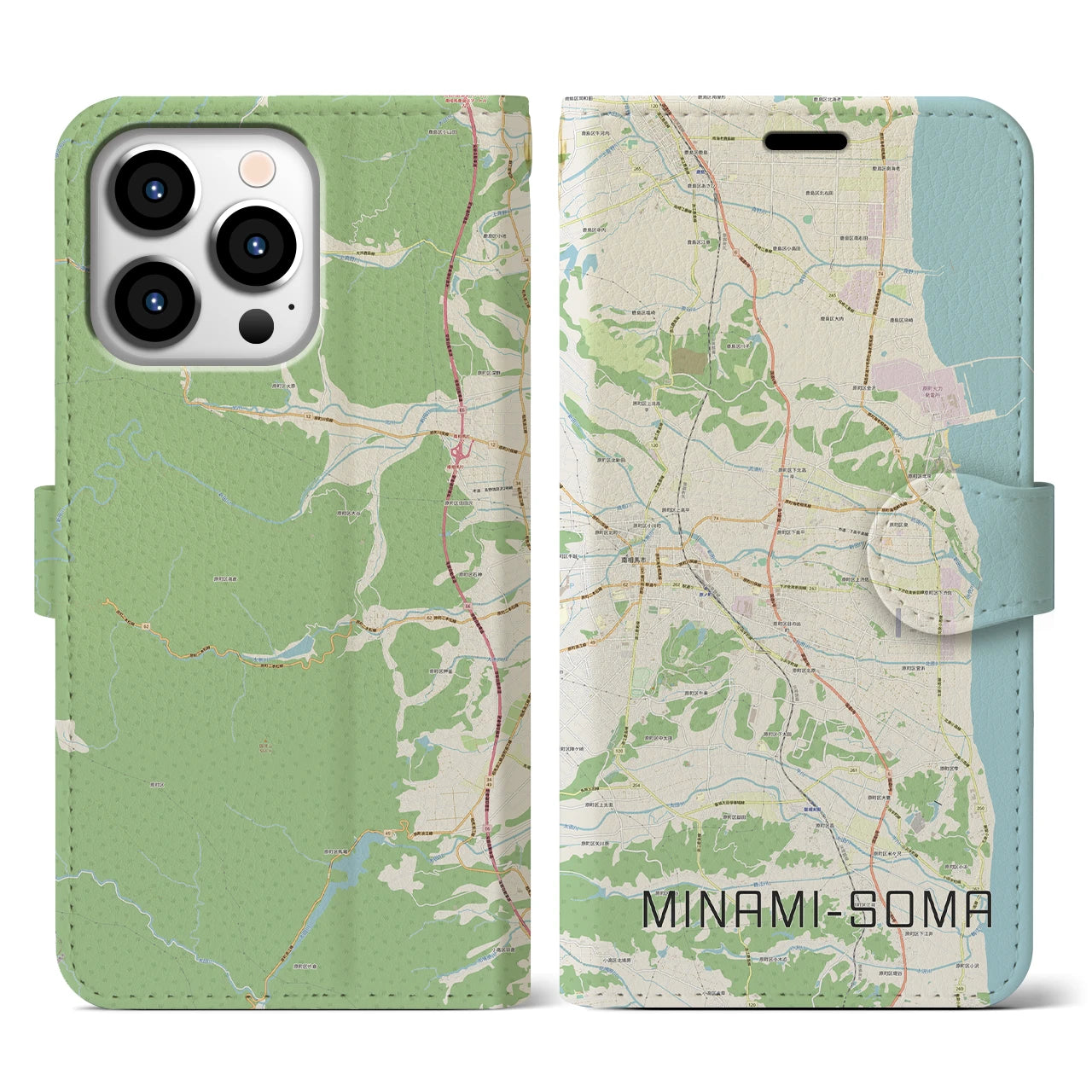 【南相馬(福島県)】地図柄iPhoneケース(手帳タイプ)ナチュラル・iPhone 13 Pro 用