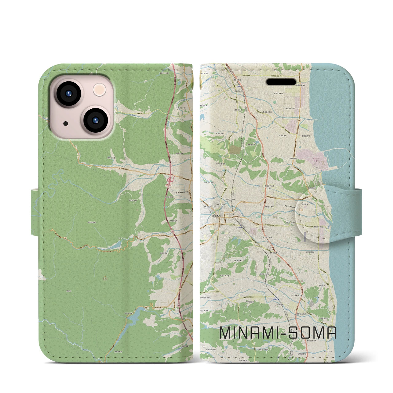 【南相馬(福島県)】地図柄iPhoneケース(手帳タイプ)ナチュラル・iPhone 13 mini 用