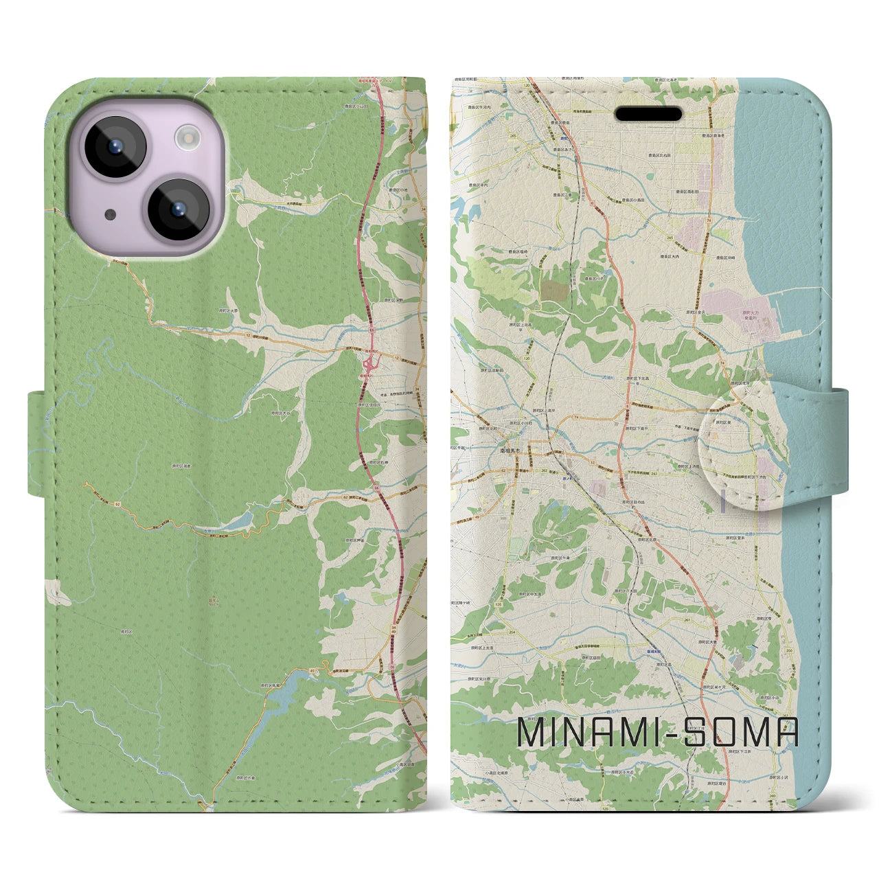 【南相馬(福島県)】地図柄iPhoneケース(手帳タイプ)ナチュラル・iPhone 14 用