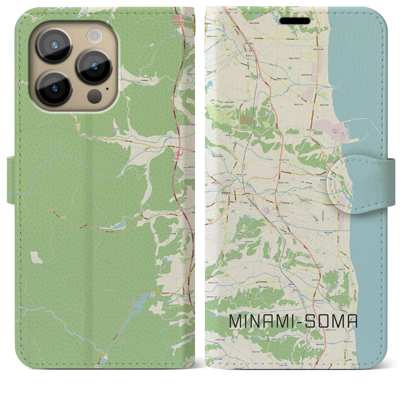 【南相馬(福島県)】地図柄iPhoneケース(手帳タイプ)ナチュラル・iPhone 14 Pro Max 用